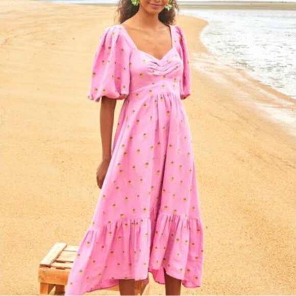 FARM Rio Pink Embroidered Pineapples Puff Sleeve Midi Dress - Picture 1 of 11